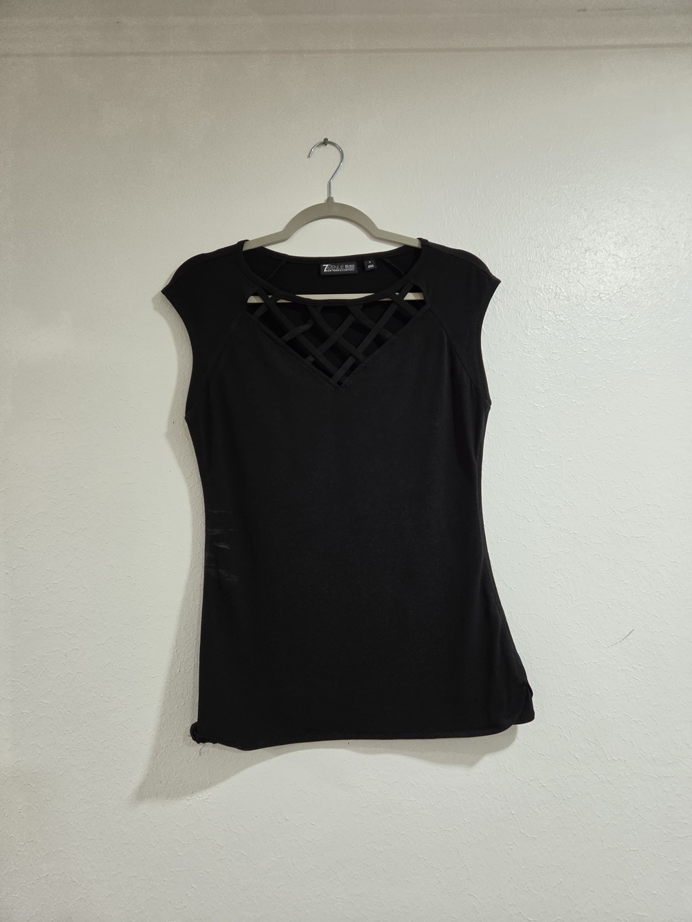 7th Ave Black Lattice-Front Cap Sleeve Women's Top